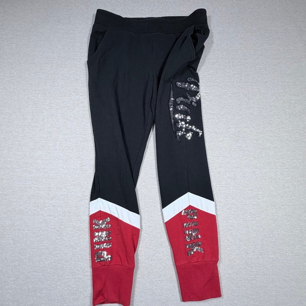 Victoria's Secret PINK Colorblock Sequin Logo Jogger Black Red White Medium Y2K
